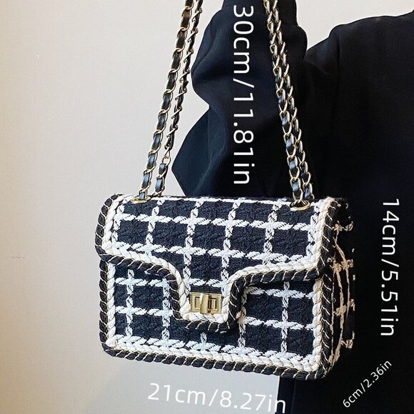 Black And White Elegant Women's Plaid Shoulder Crossbody Square Bag - Picture 5 of 6